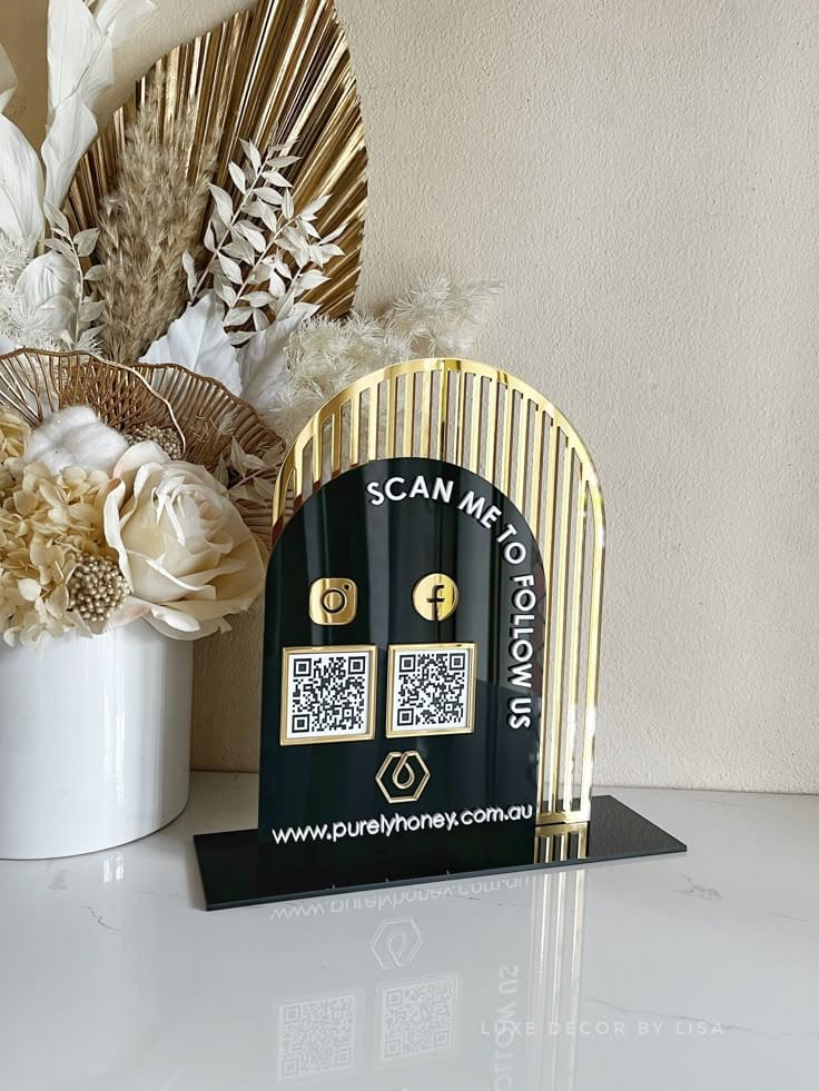 Luxury Acrylic QR Code Display Stand – Dual QR with Golden Arch Design Tohfa24