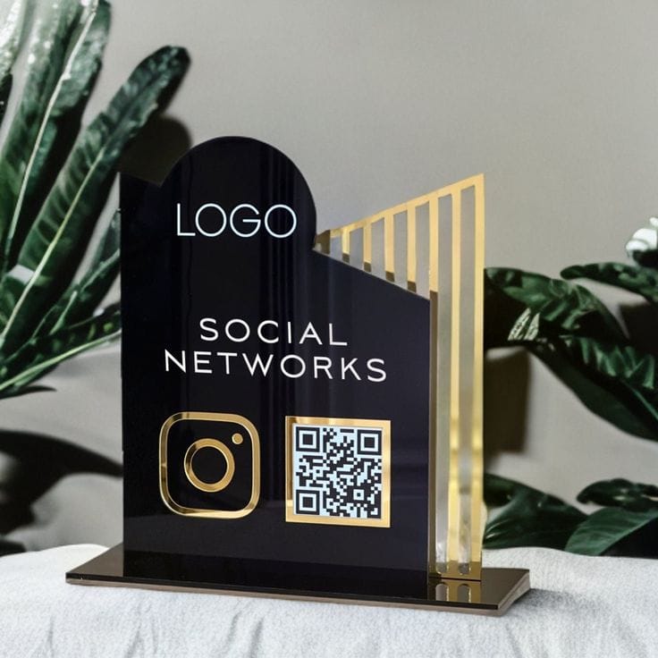 Premium Acrylic Social Media QR Display Stand – Gold & Black Finish Tohfa24